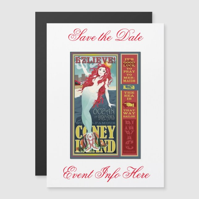 redheaded coney island mermaid magnetic invitation (Front/Back)