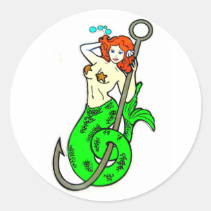 redheaded green-tail mermaid classic round sticker