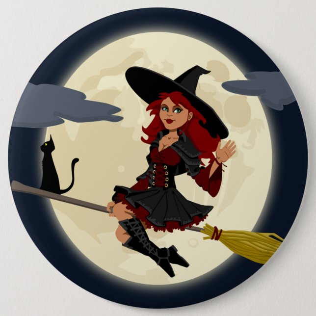 REDHEADED HALLOWEEN WITCH 6 CM ROUND BADGE (Front)