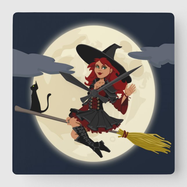 REDHEADED HALLOWEEN WITCH SQUARE WALL CLOCK (Front)