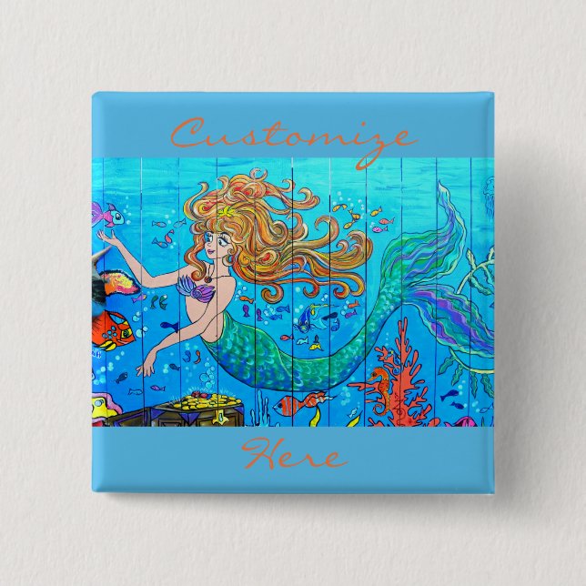 redheaded mermaid customised 15 cm square badge (Front)