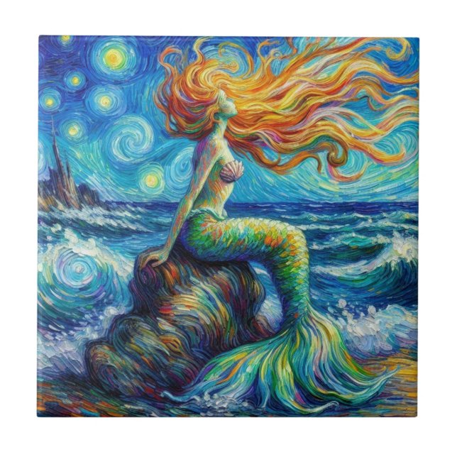Redheaded Mermaid Van Gogh Style Ceramic Tile (Front)