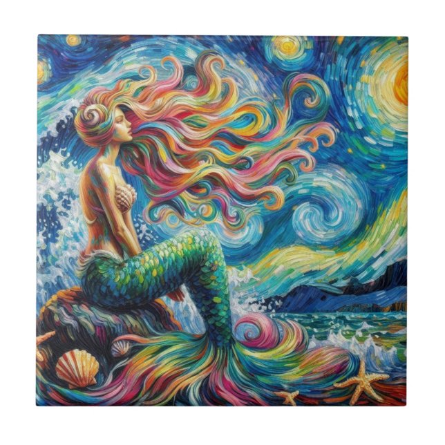 Redheaded Mermaid Van Gogh Style Ceramic Tile (Front)