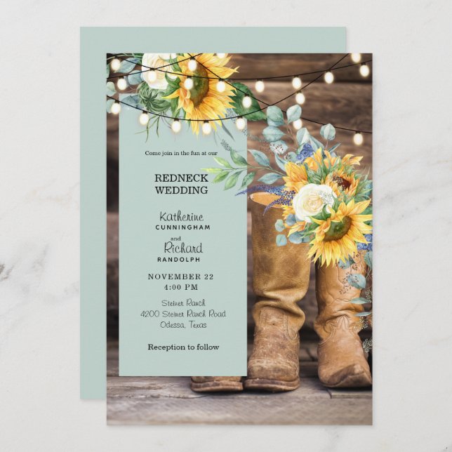 Redneck Wedding Cowboy Boots String of Lights Invi Invitation (Front/Back)