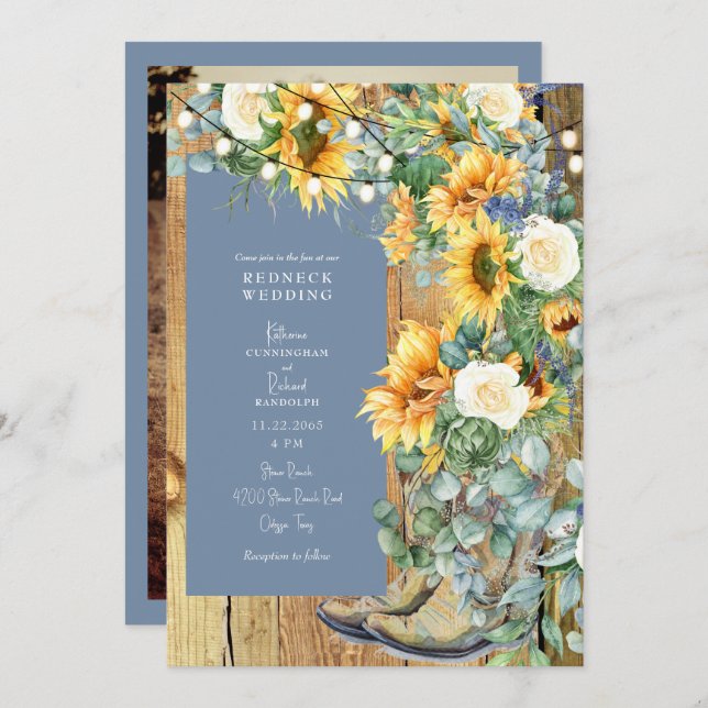 Redneck Wedding Cowboy Boots String Periwinkle Invitation (Front/Back)