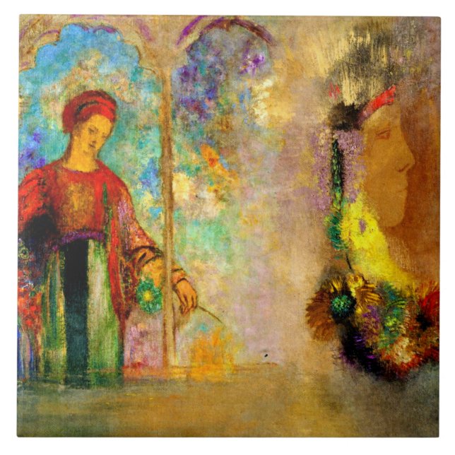 Redon - Gothic Arcade, Woman Gathering Flowers Ceramic Tile (Front)
