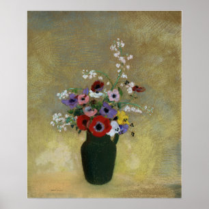 Redon - Large Green Vase With Mixed Flowers Poster
