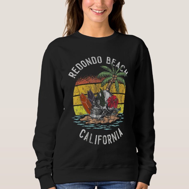 Redondo Beach California Palms Skull Surf Sunset V Sweatshirt (Front)