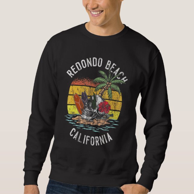 Redondo Beach California Palms Skull Surf Sunset V Sweatshirt (Front)