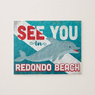 Redondo Beach Dolphin - Retro Vintage Travel Jigsaw Puzzle