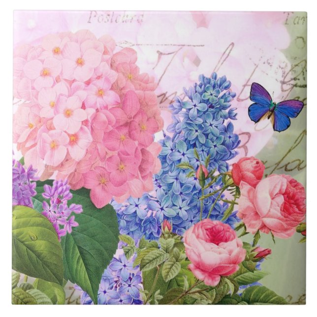 Redoute Flowers Pink Hydrangea Ceramic Tile (Front)