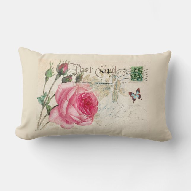 Redoute French Pink Rose Lumbar Throw Pillow (Front)