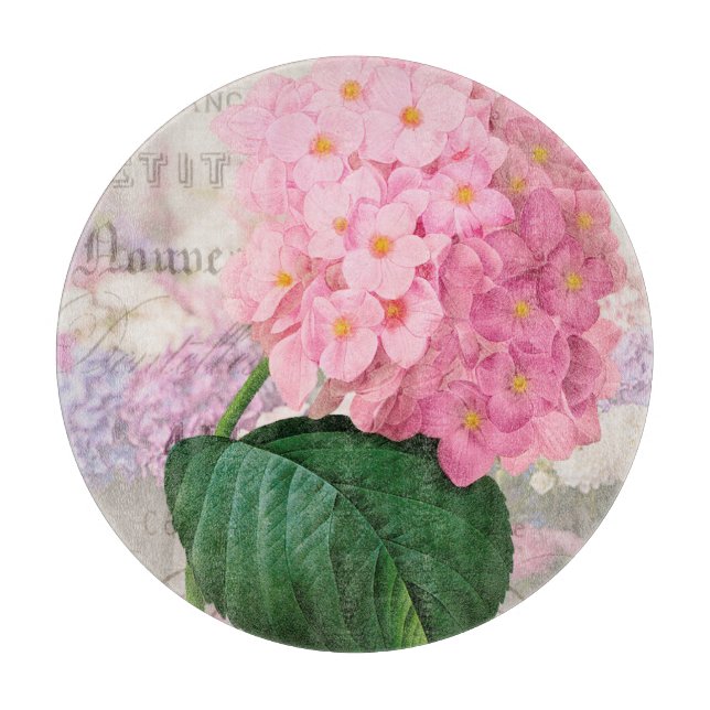 Redoute Pink Hydrangea Round Cutting Board (Front)