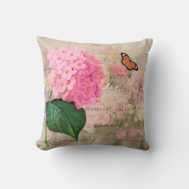 Redoute Pink Hydrangea Shabby Throw Pillow (Front)