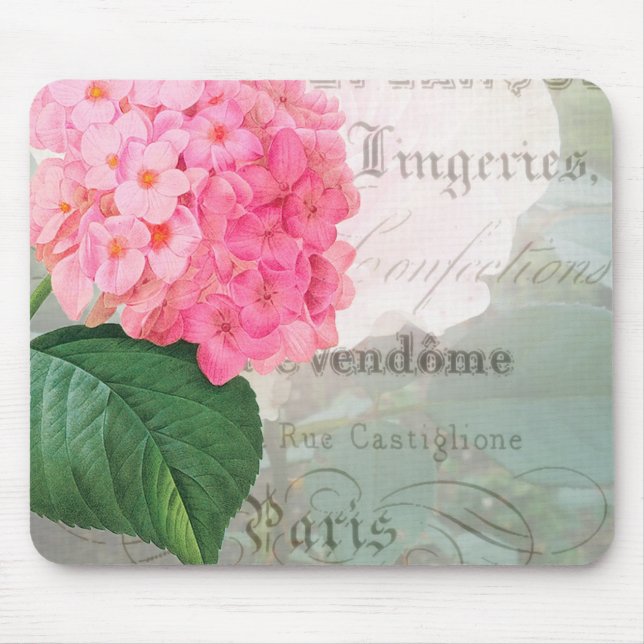 Redoute Pink Hydrangea Vintage Postcard Mousepad (Front)