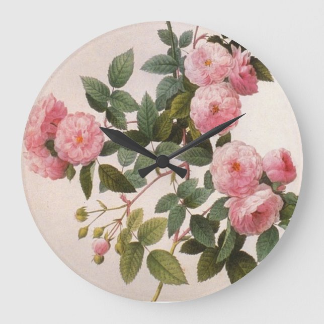Redoute Pink Peony Roses Wall Clock (Front)