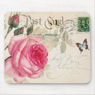 Redoute Pink Rose Vintage Shabby Postcard Mousepad