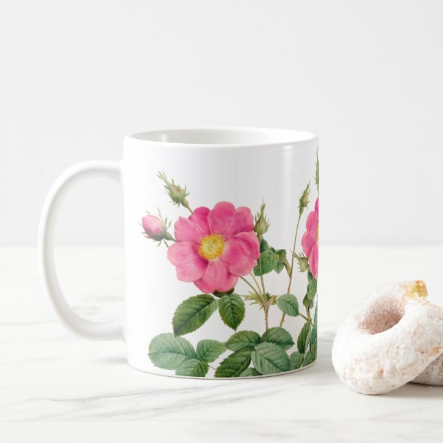 Redoute Pink Wild Rose Coffee Mug (With Donut)