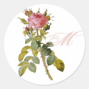 Redoute Rose with Monogram Initial Classic Round Sticker