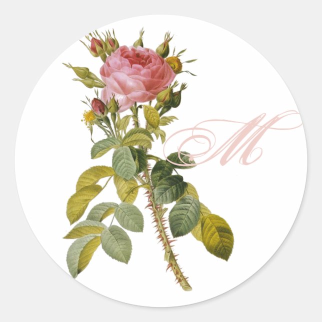 Redoute Rose with Monogram Initial Classic Round Sticker (Front)