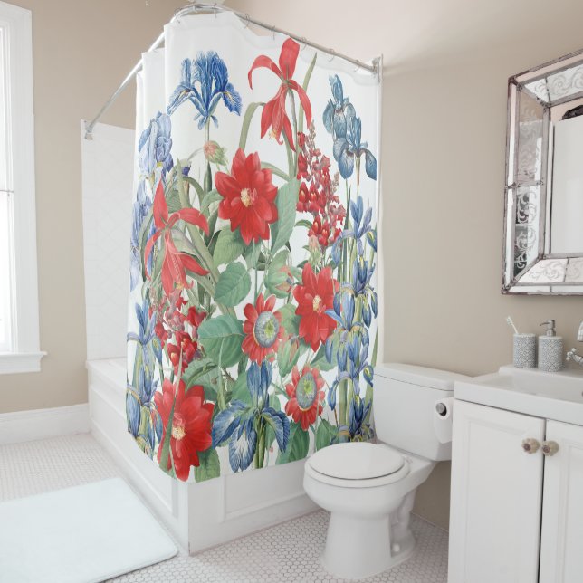Redoutes Red Blue Flowers Floral Garden Shower Curtain (In Situ)