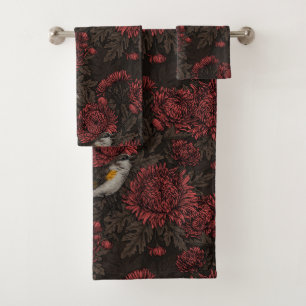 Redstarts in the chrysanthemums in brown and red bath towel set