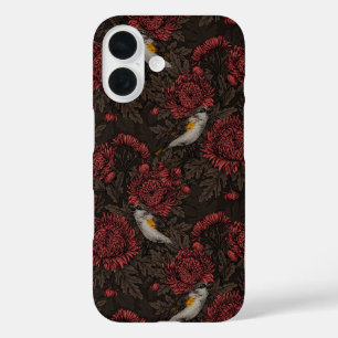 Redstarts in the chrysanthemums in brown and red iPhone 16 case