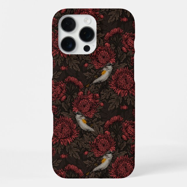Redstarts in the chrysanthemums in brown and red iPhone case (Back)
