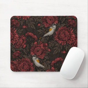 Redstarts in the chrysanthemums in brown and red mouse pad