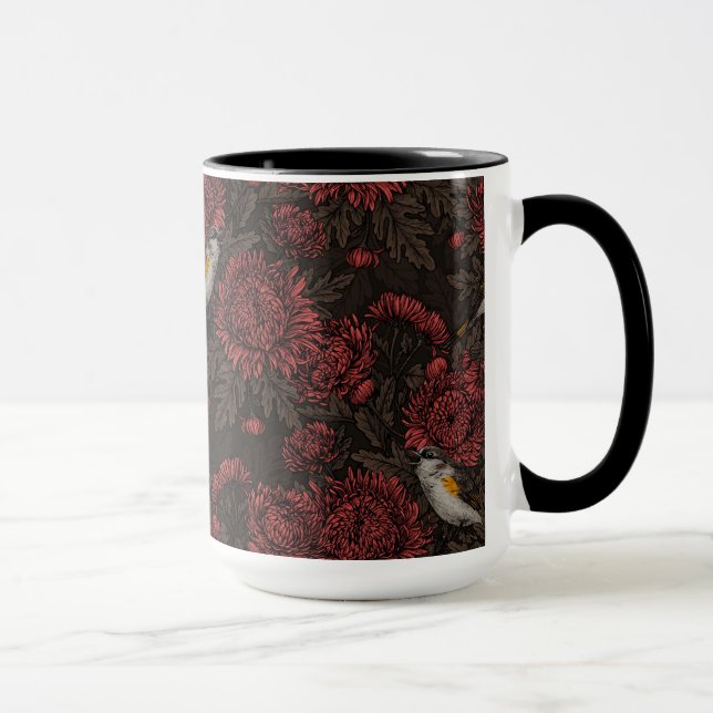 Redstarts in the chrysanthemums in brown and red mug (Right)