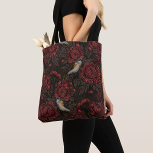 Redstarts in the chrysanthemums in brown and red tote bag