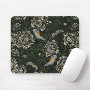 Redstarts in the chrysanthemums in green and white mouse pad