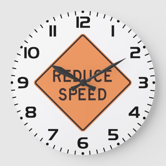 Reduce Speed Orange Diamond Road Sign Large Clock (Front)