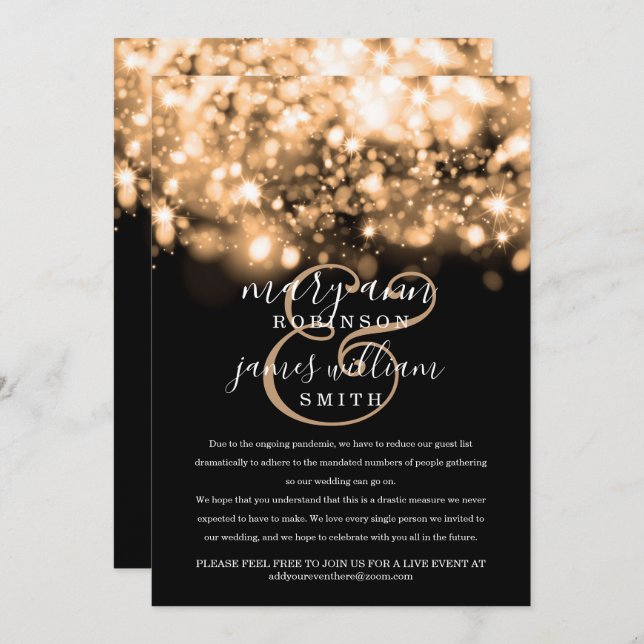 Reduced / Changed Wedding Gold Sparkling Lights Invitation (Front/Back)