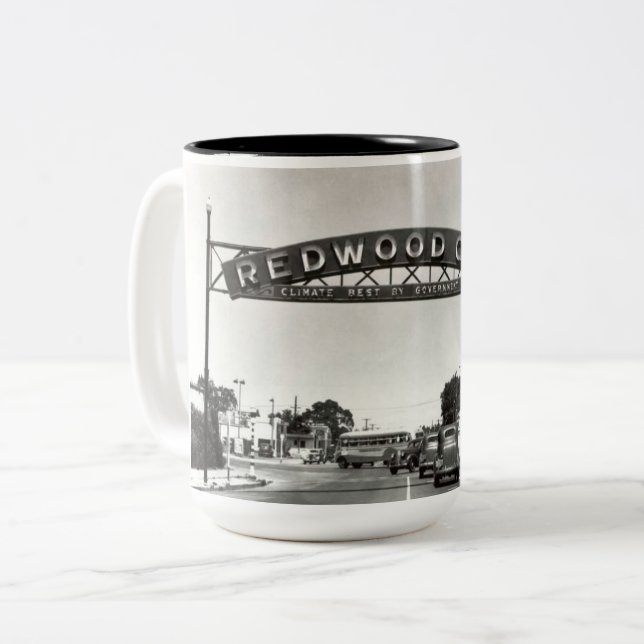 Redwood City 150th Anniversary Two-Tone Coffee Mug (Front Left)