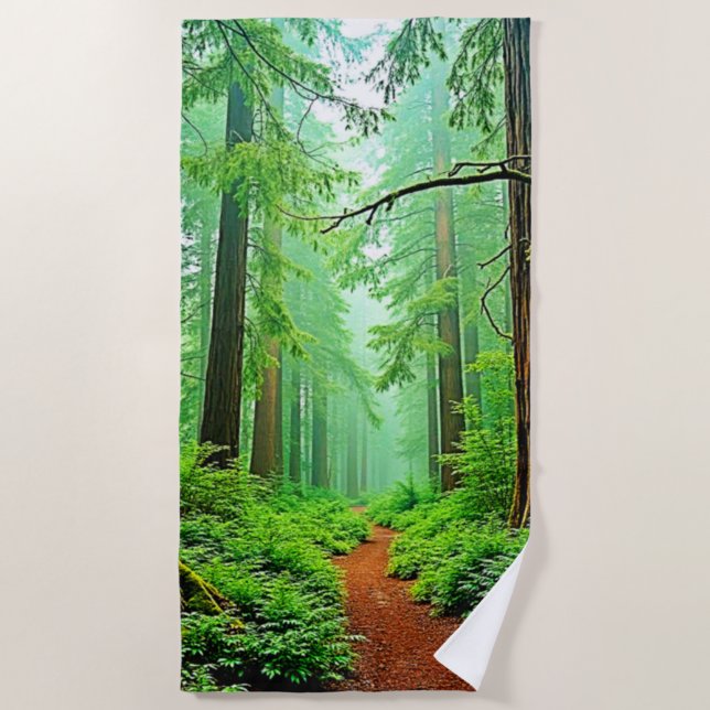 Redwood Forest Misty Tranquillity Design Beach Towel (Front)