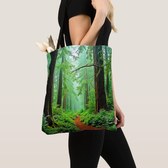 Redwood Forest Misty Tranquillity Design Tote Bag (Close Up)