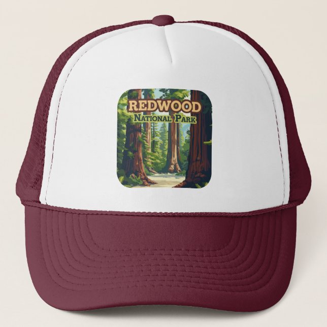 Redwood National Park California Tree Retro Trucker Hat (Front)