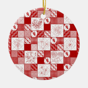 Redwork Stitched Flowers Quilt-RED- Ceramic Ornament