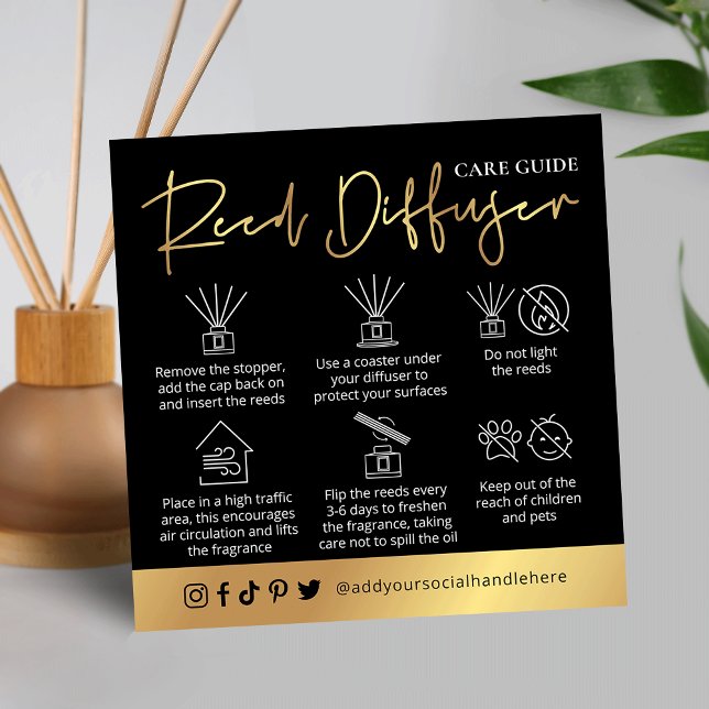 Reed Diffuser Care Instructions Black & Gold Logo Square Business Card (Luxurious black and gold reed diffuser care cards with space for your logo)