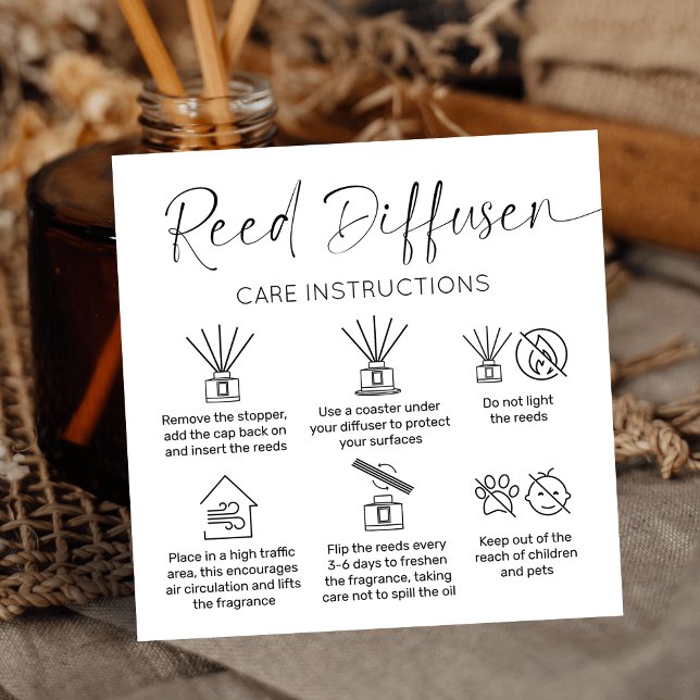 Reed Diffuser Care Instructions Minimalist Logo Square Business Card (Simple reed diffuser care cards with black and white background, air freshener care icons and logo)