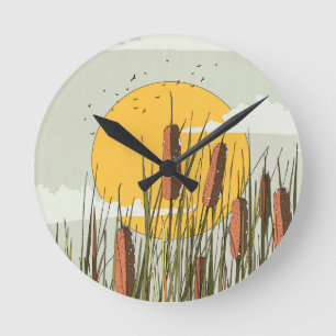 Reeds in the Sunset Round Clock