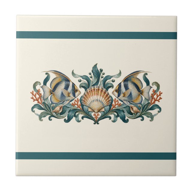 Reef Fish and Shells Custom Colour Frieze Ceramic Tile (Reef fish and shells in the original ivory and petrol palette. Personalize the background and the two independent bands in the design editor.)