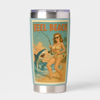 Reel Beach Shark Fishing Pin-Up Retro Coastal Art Insulated Tumbler