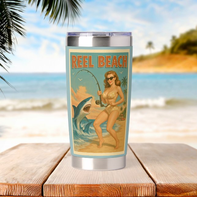 Reel Beach Shark Fishing Pin-Up Retro Coastal Art Insulated Tumbler (Beach (Rotated))