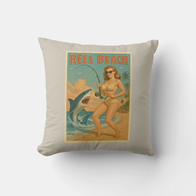 Reel Beach Shark Fishing Pin-Up Retro Coastal Life Cushion (Front)
