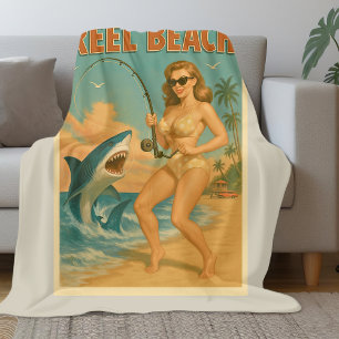 Reel Beach Shark Fishing Pin-Up Retro Coastal Life Fleece Blanket