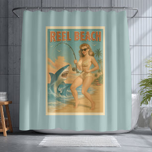 Reel Beach Shark Fishing Pin-Up Retro Coastal Life Shower Curtain