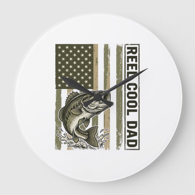 Reel Cool Dad Bass Fishing Flag Vector Design_1 Large Clock (Front)