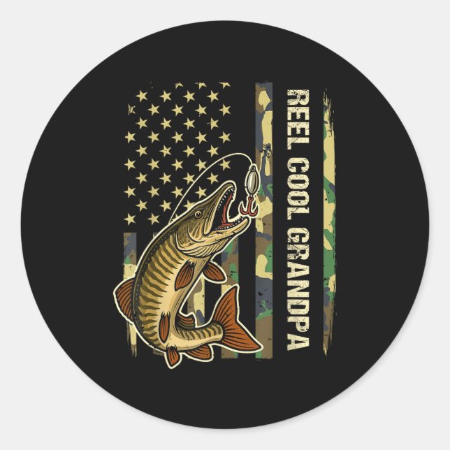 Reel Cool Grandpa Muskie Fishing Fisherman America Classic Round Sticker (Front)